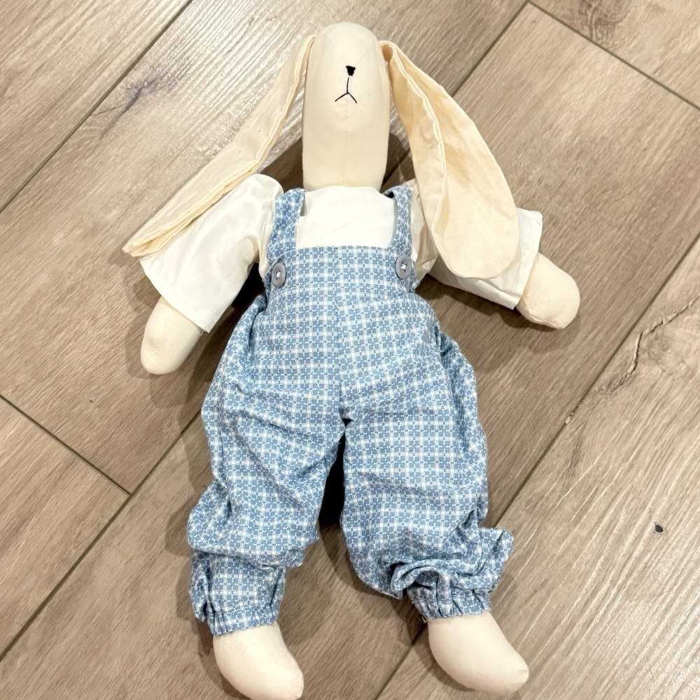 VTG Handmade Bunny Rabbit Plush Toy Doll Striped Overalls Floppy Ears 14"